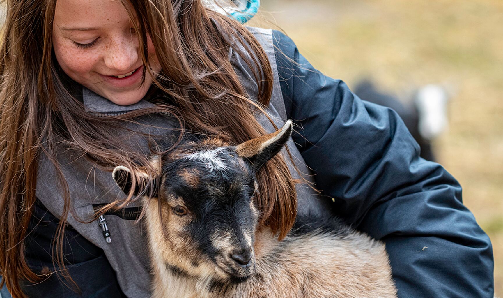 Visitor petting a goat at Seiling Family Farm